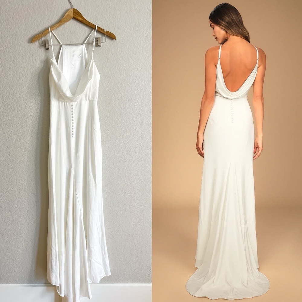NWOT Eternal Promise Ivory Satin Cowl Back Sleeveless Maxi Dress